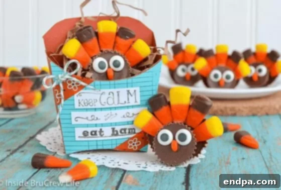 Reese's candy turkeys made with peanut butter cups and candy corn.