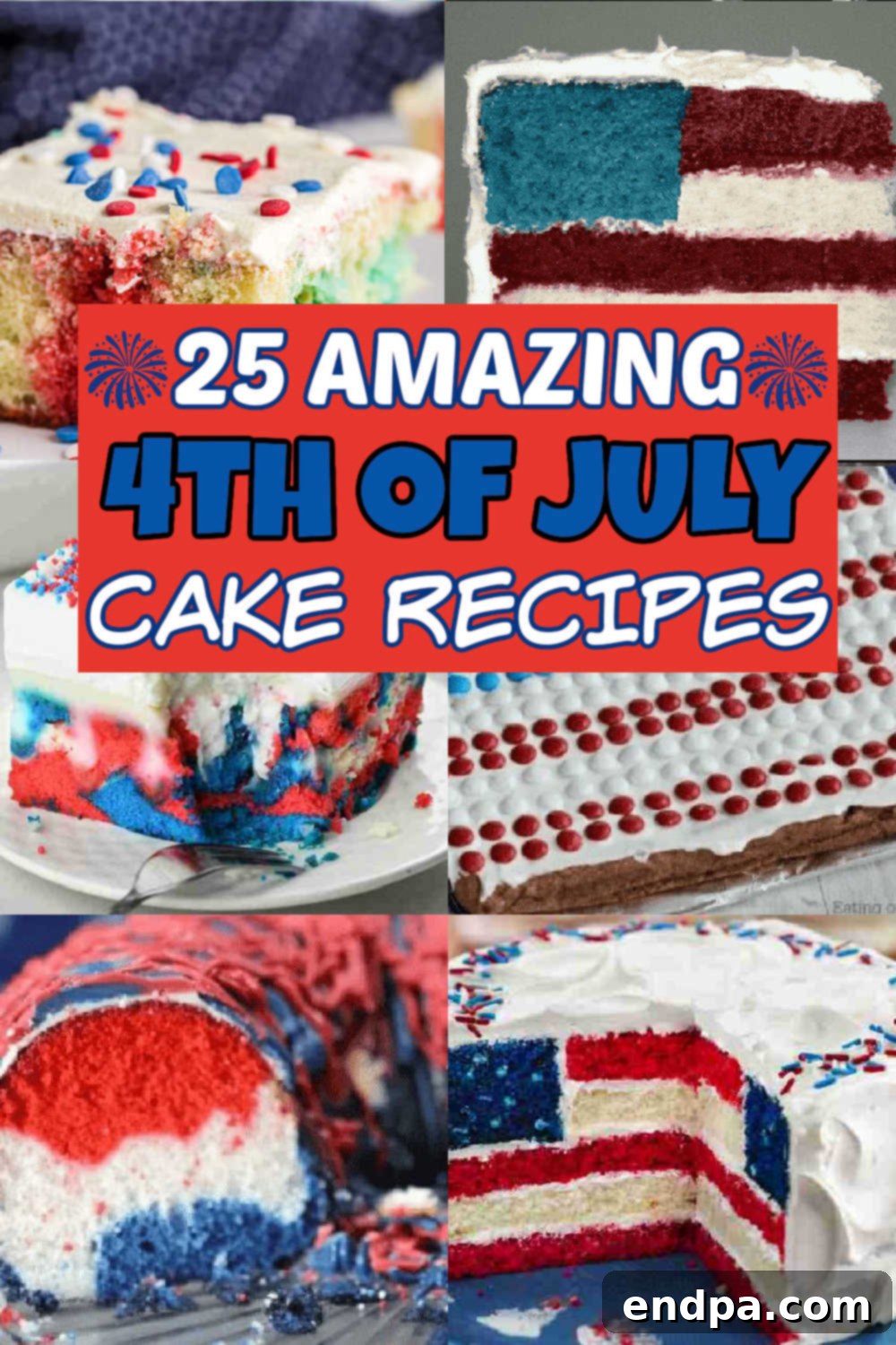 Red White and Blue Cake Masterpieces 2 A vibrant spread of various patriotic 4th of July cakes and desserts, adorned with red, white, and blue frosting and berries.