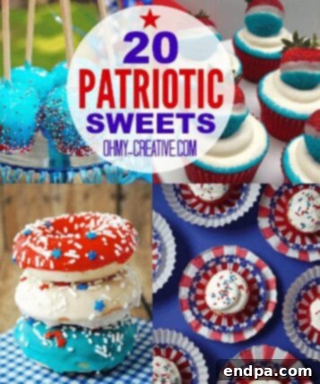 Red White and Blue Cake Masterpieces 10 An assortment of Patriotic Fourth of July Desserts, showcasing various red, white, and blue treats.