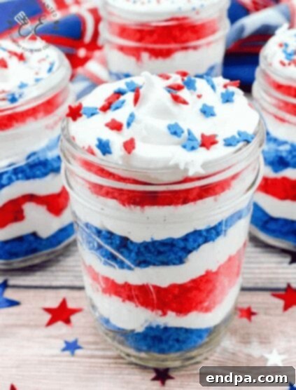 Red White and Blue Cake Masterpieces 12 Individual 4th of July Cake in a Jar, layered with red, white, and blue cake and frosting.
