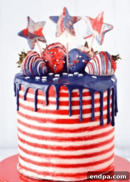 Red White and Blue Cake Masterpieces 13 A beautifully decorated Classic 4th of July Cake with red, white, and blue layers and frosting.