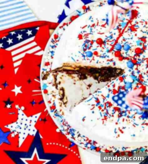 Red White and Blue Cake Masterpieces 19 A festive Patriotic Ice Cream Cake, layered with red, white, and blue frozen treats.