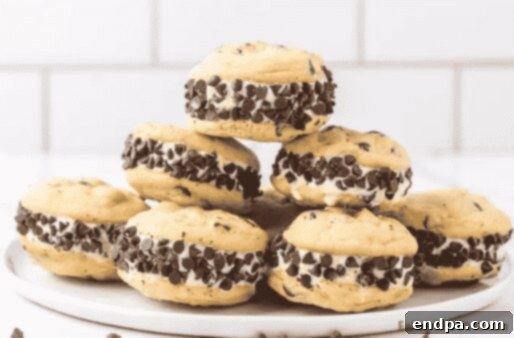 33 Scrumptious Ice Cream Treats 7 Chocolate chip cookie sandwiches on a plate.