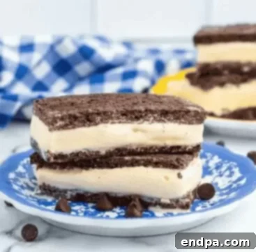 33 Scrumptious Ice Cream Treats 5 A stack of ice cream sandwiches on a blue and white plate.