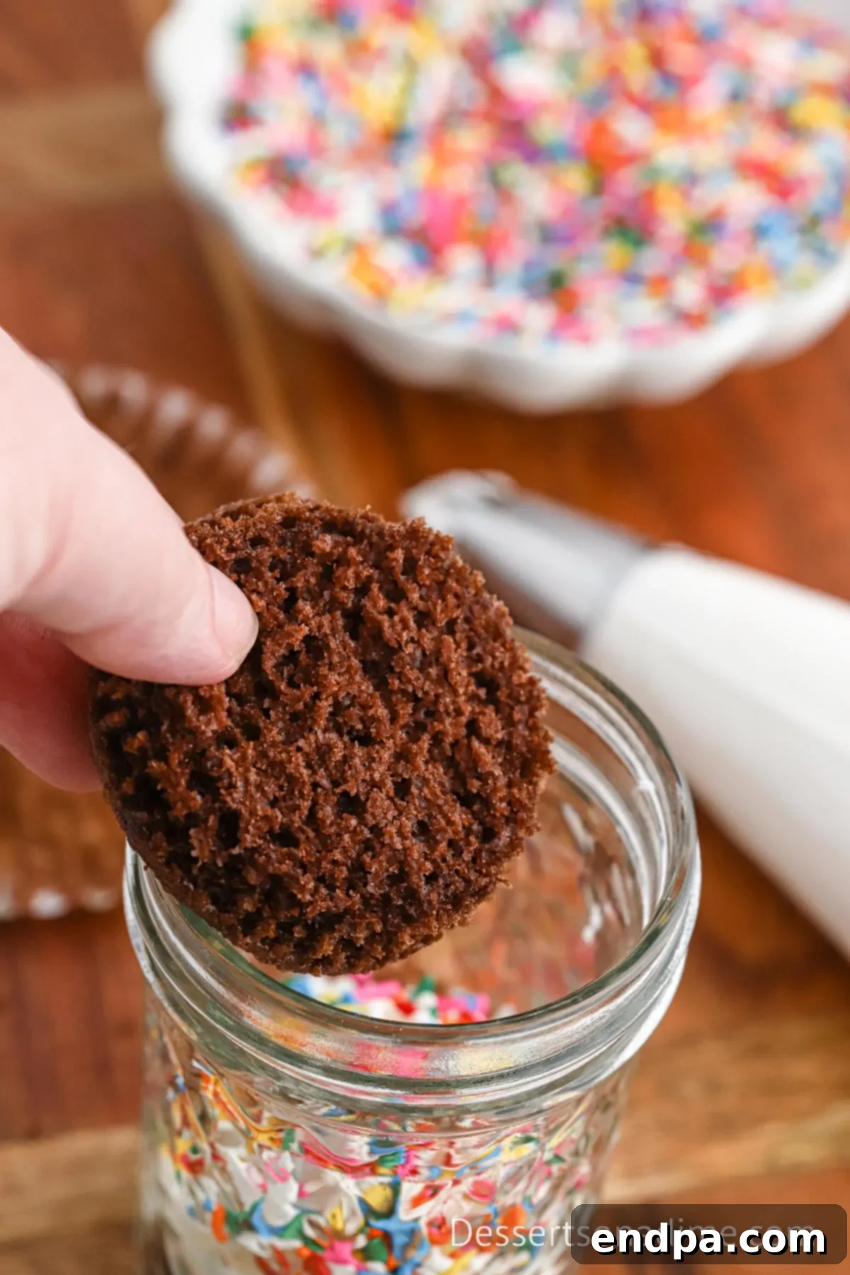 Portable Cupcake Perfection 10 The top half of a cupcake positioned atop the first frosting layer in a mason jar.