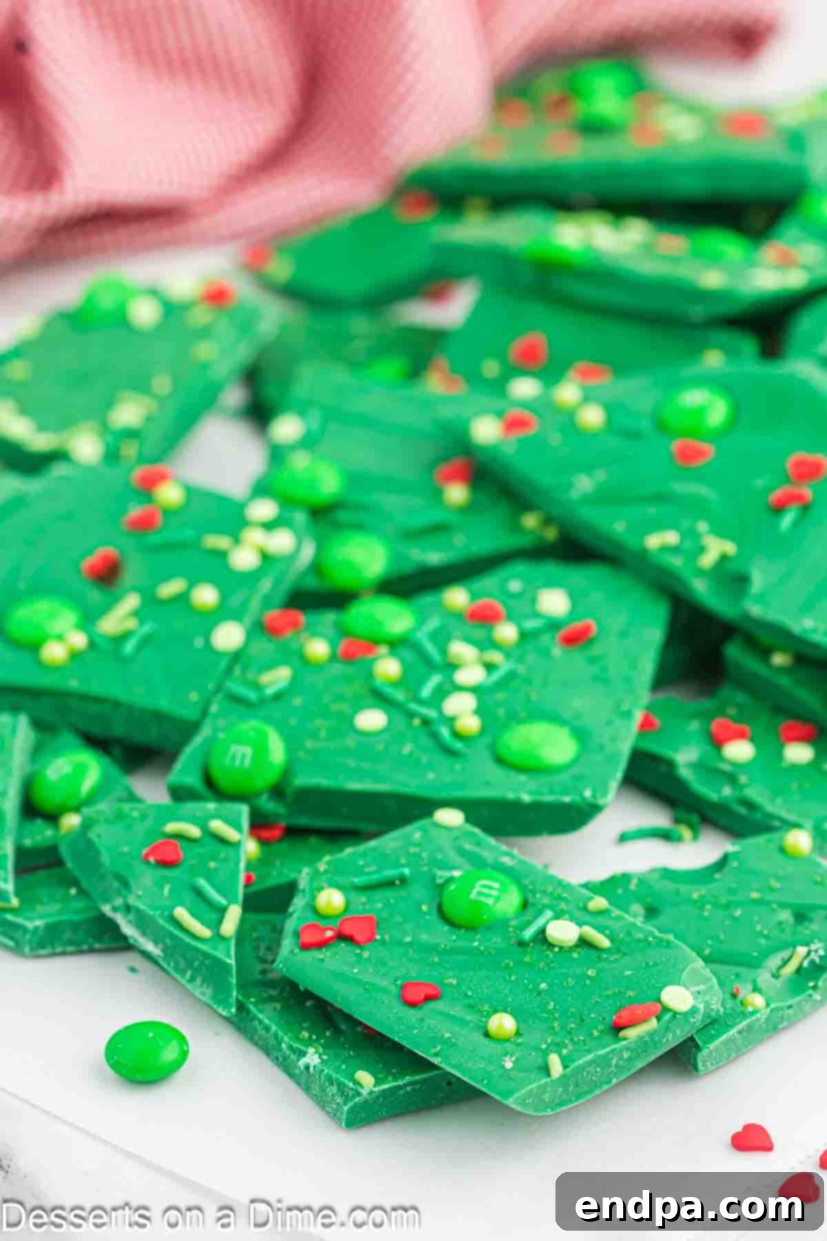 Grinch Bark broken into festive green and red pieces, ready to be enjoyed.