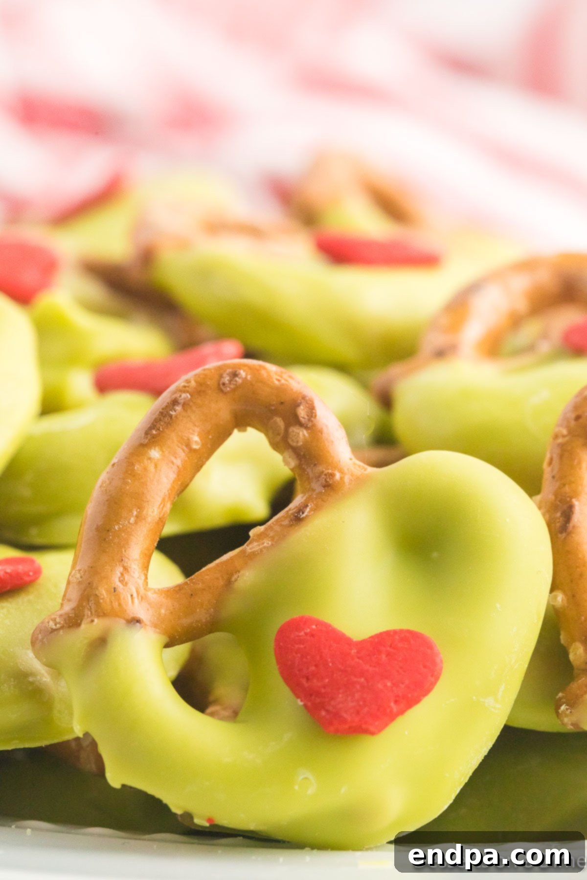 Grinch pretzels up close. 