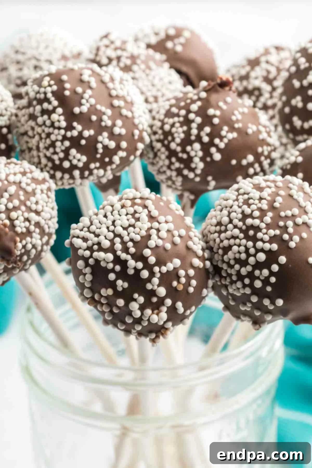 Decadent chocolate cake pops adorned with delicate white sprinkles, elegantly displayed in a glass mason jar.