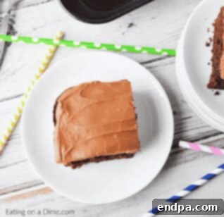 A slice of Chocolate Cola Cake with frosting.