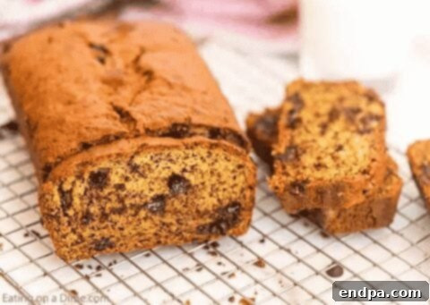 Chocolate chip banana bread slice.