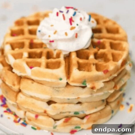 Cake Mix Waffles on a white plate with whipped cream and sprinkles.