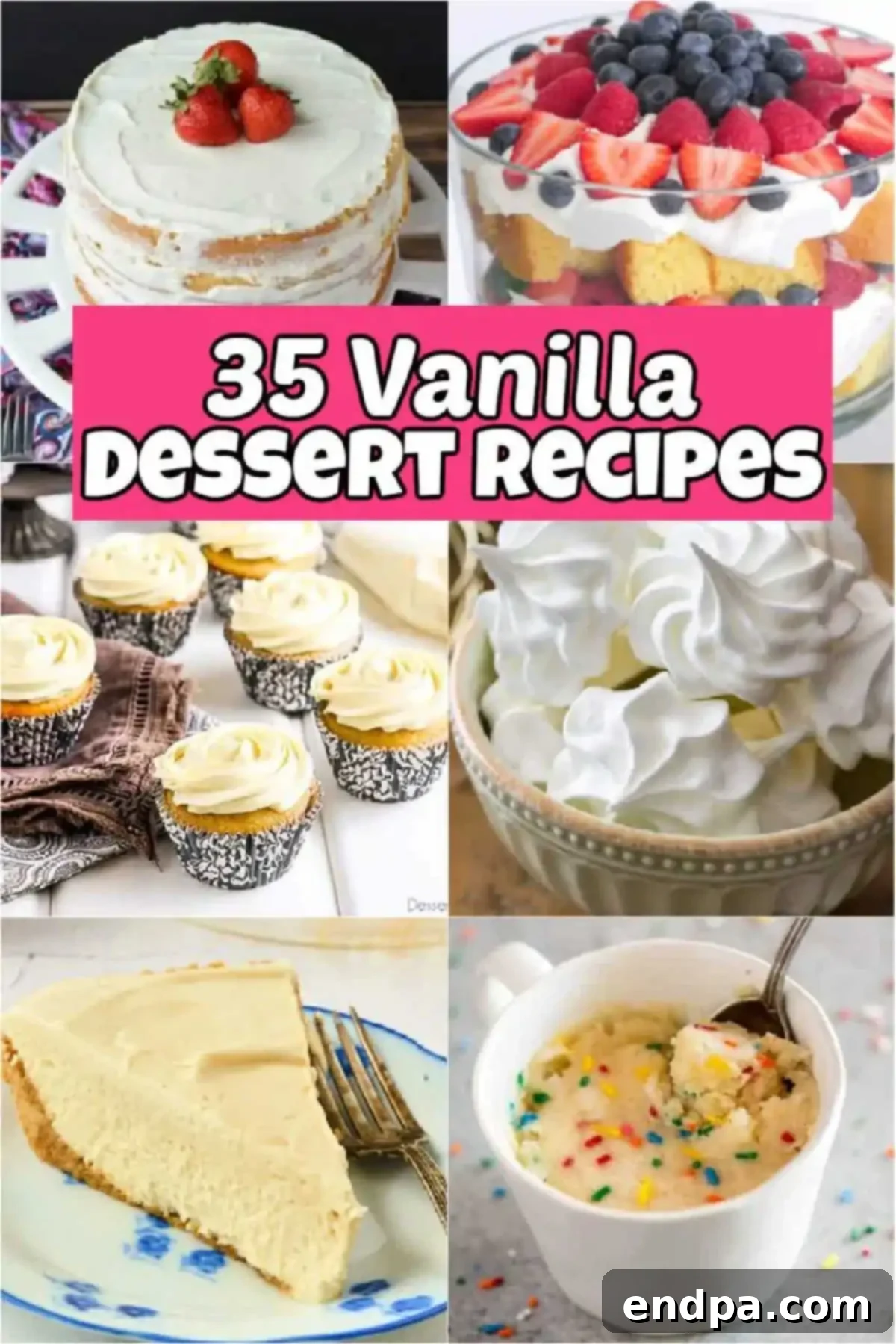 A beautiful assortment of creamy vanilla desserts, including vanilla bean ice cream, fluffy cupcakes, and elegant custards, showcasing the comforting and versatile nature of vanilla in sweet treats. Perfect for any occasion.