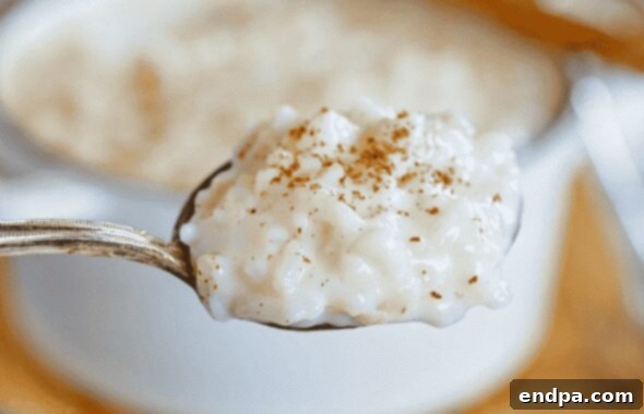 Classic rice pudding with a sprinkle of cinnamon, served in a bowl.