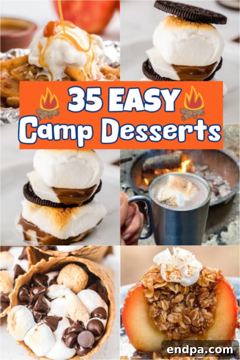 A vibrant collage of various easy camping desserts including fruit dishes, s'mores, and baked goods, all prepared outdoors, highlighting the joy of sweet treats on a camping trip.