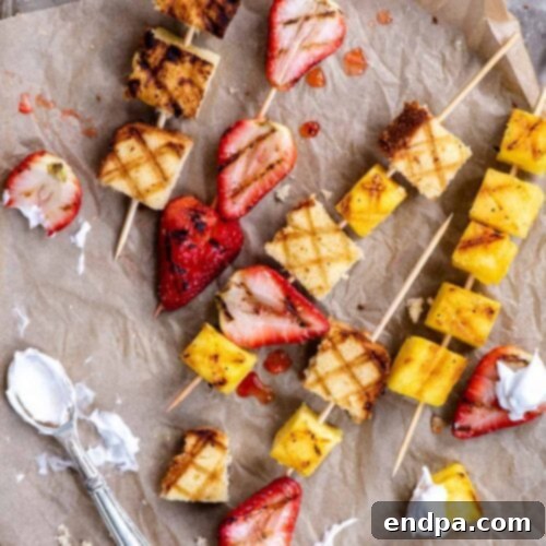 Grilled Shortcake Skewers with strawberries, pound cake, and marshmallows.