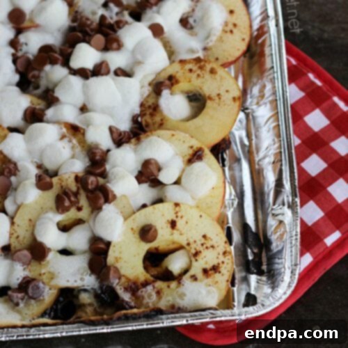 Campfire Apple S'more Nachos with melted chocolate and marshmallows over apple slices.