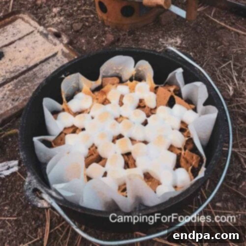 Gooey Camping S'mores Dutch Oven Brownies with toasted marshmallows and melted chocolate.