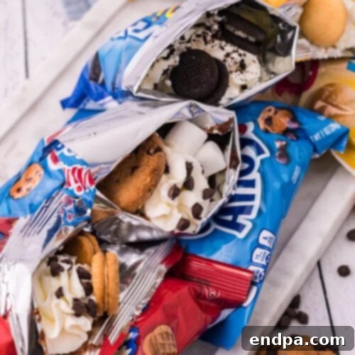 Various Walking Desserts served in snack bags, filled with sweet treats like pudding and cookies.