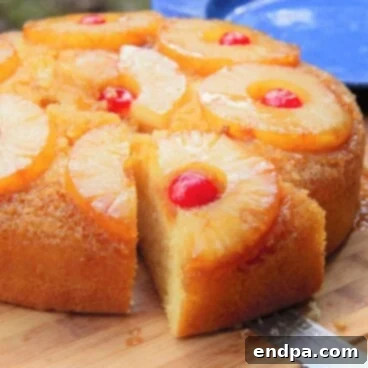 A beautifully baked Dutch Oven Upside Down Pineapple Cake with caramelized pineapple slices.