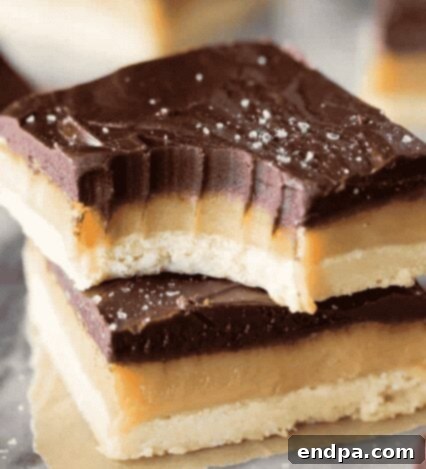 Sweet Success Treats 6 Slices of Millionaire's Shortbread with shortbread, caramel, and chocolate layers.