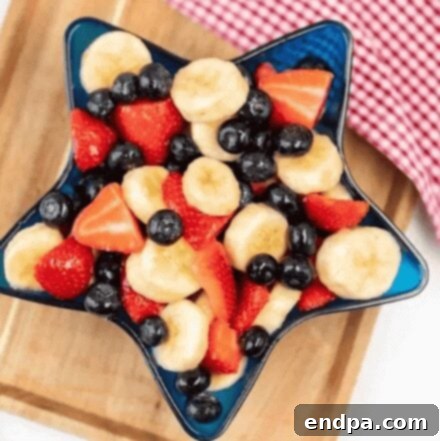 Red, White, and Blue Fruit Salad in a serving bowl.
