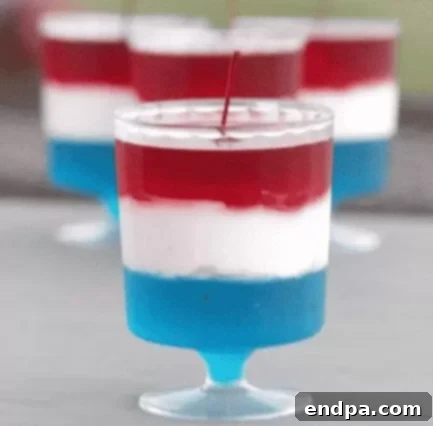 Red, White, and Blue Jello layers in a clear dish.