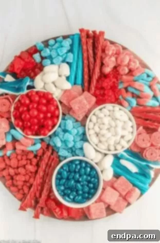 4th of July Candy Charcuterie Board with patriotic candies.