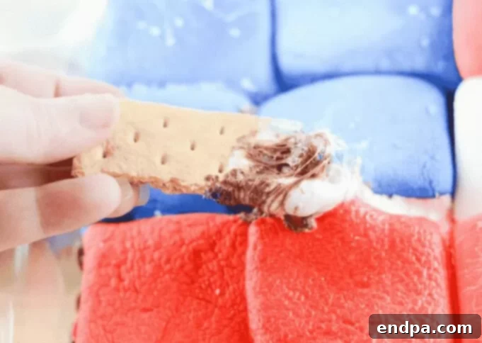 Flag S’mores Dip with marshmallows and chocolate arranged like a flag.