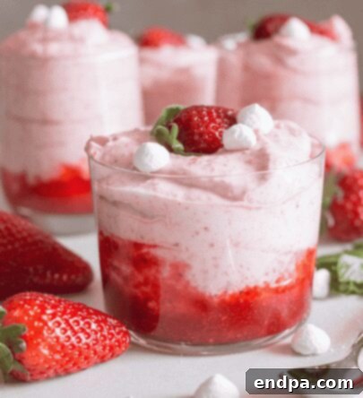 Fresh Strawberry Mousse in a glass serving dish.
