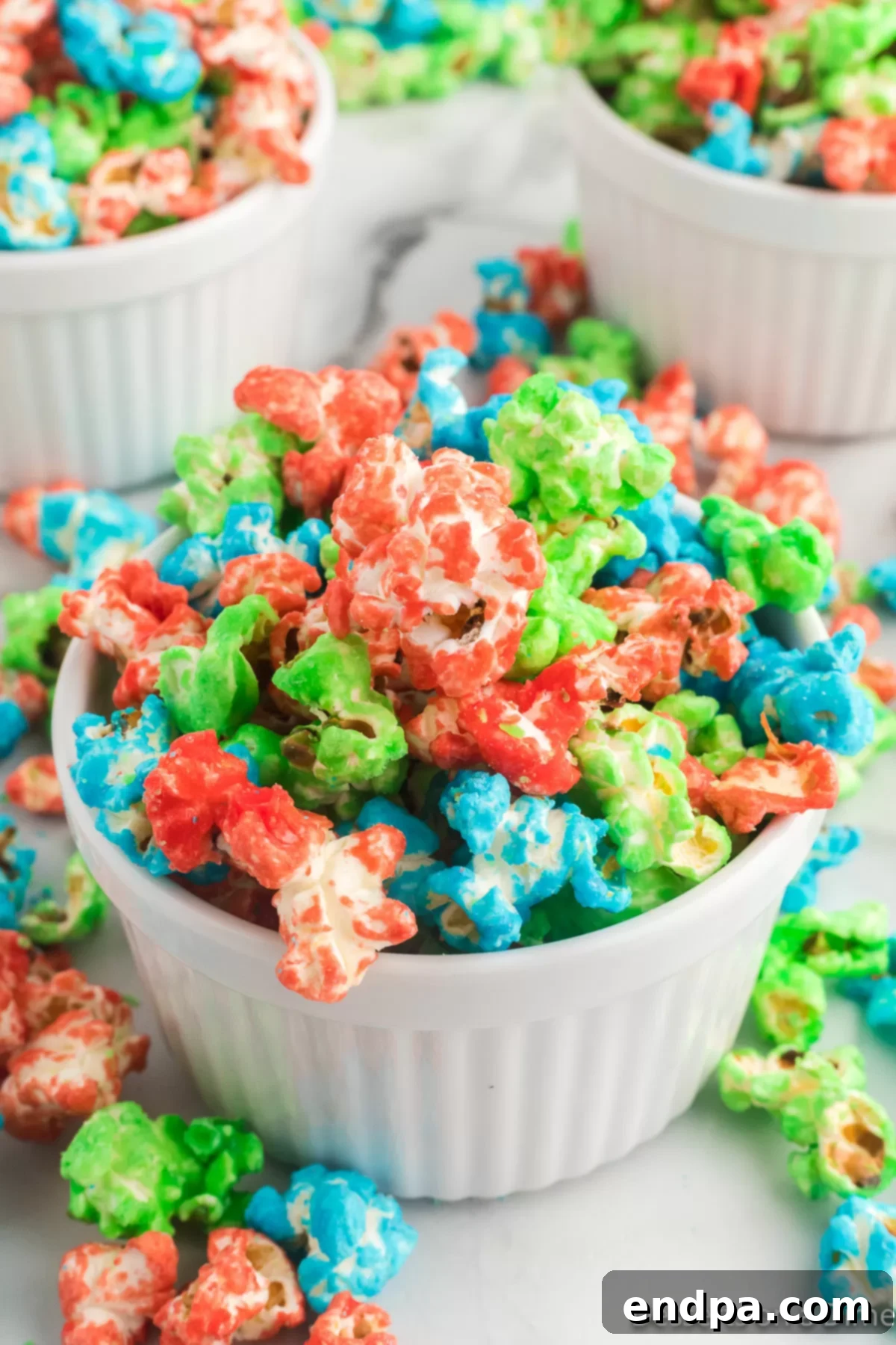 A large bowl of colorful Candy Popcorn, showcasing its vibrant hues and appealing texture. 