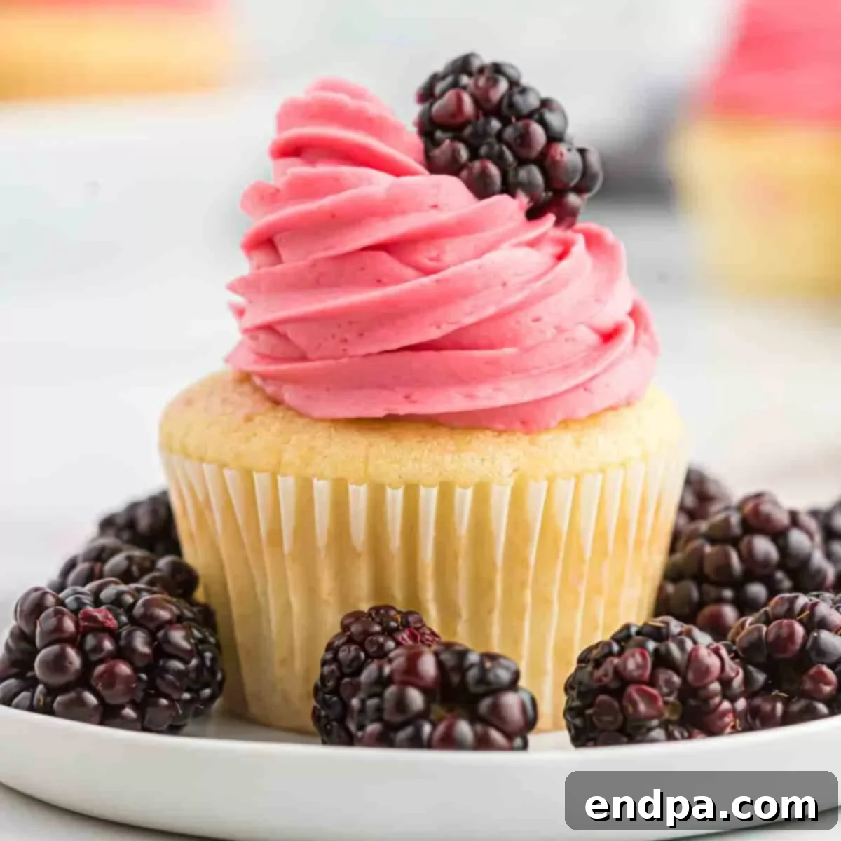 A cupcake with vibrant pinkish-purple frosting and fresh blackberries, showcasing the Blackberry Buttercream Frosting.