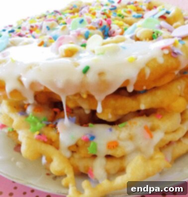 Birthday Funnel Cake, screaming celebration with sweet icing and colorful sprinkles.