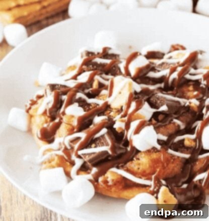 S’mores Funnel Cake with graham cracker flavor, marshmallow and chocolate sauce.