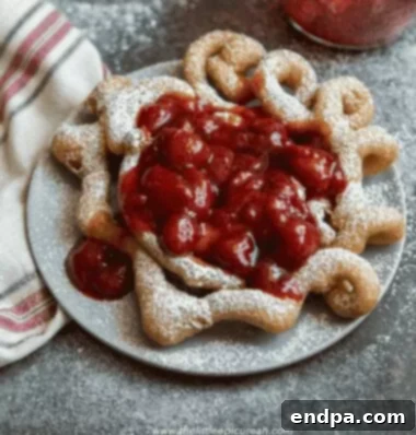 Warm, crisp Strawberry Funnel Cake topped with cold strawberry sauce, a fair favorite at home.