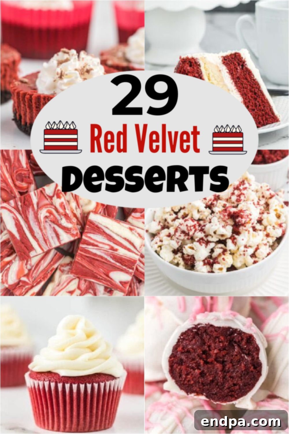29 Irresistible Red Velvet Desserts 2 A vibrant display of various red velvet desserts, including slices of cake, cupcakes, and other treats, all featuring the iconic red hue and creamy white frosting, appealing to dessert lovers.