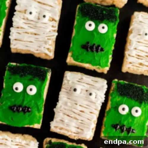 Halloween rice krispie treats arranged together.