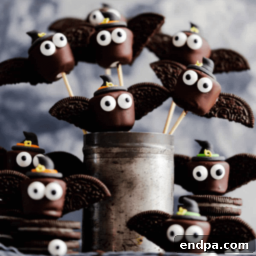 Chocolate marshmallow halloween bats arranged together.