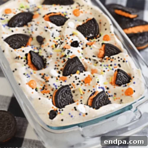 Homemade Halloween ice cream in a tub.