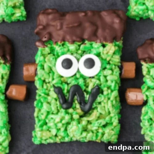 Frankenstein rice krispie treats arranged together.