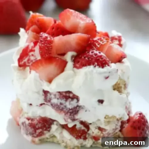 44 Refreshing No-Bake Summer Treats 9 Layered Strawberry Icebox Cake, garnished with fresh strawberries and whipped cream, appearing delightfully soft and creamy.