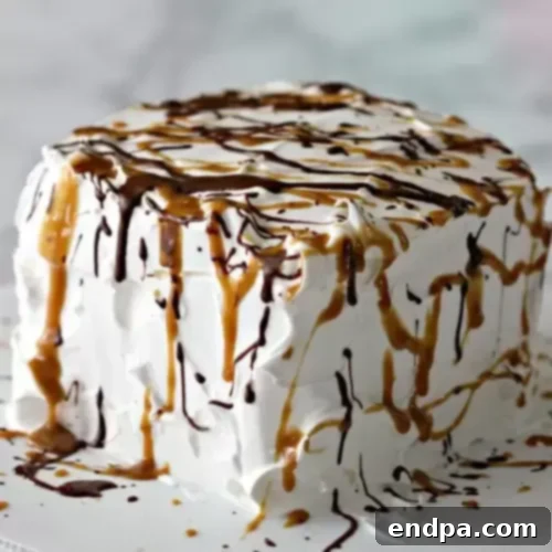 44 Refreshing No-Bake Summer Treats 13 A festive Ice Cream Cake made with layers of ice cream sandwiches and whipped topping, drizzled with chocolate sauce.