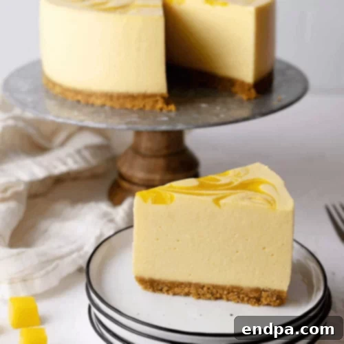 44 Refreshing No-Bake Summer Treats 17 A vibrant No Bake Mango Cheesecake slice, featuring a smooth, creamy mango filling and possibly fresh mango garnish.