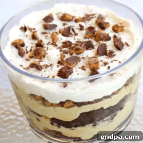 44 Refreshing No-Bake Summer Treats 18 A tall Peanut Butter Cup Trifle in a clear glass bowl, revealing layers of peanut butter cream, chocolate, and peanut butter cups.