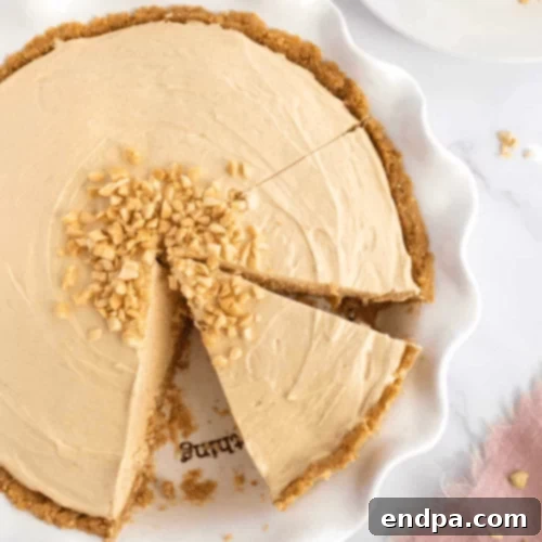 44 Refreshing No-Bake Summer Treats 4 Decadent No Bake Peanut Butter Pie, featuring a rich, creamy filling and a crunchy graham cracker crust, topped with chopped peanuts.