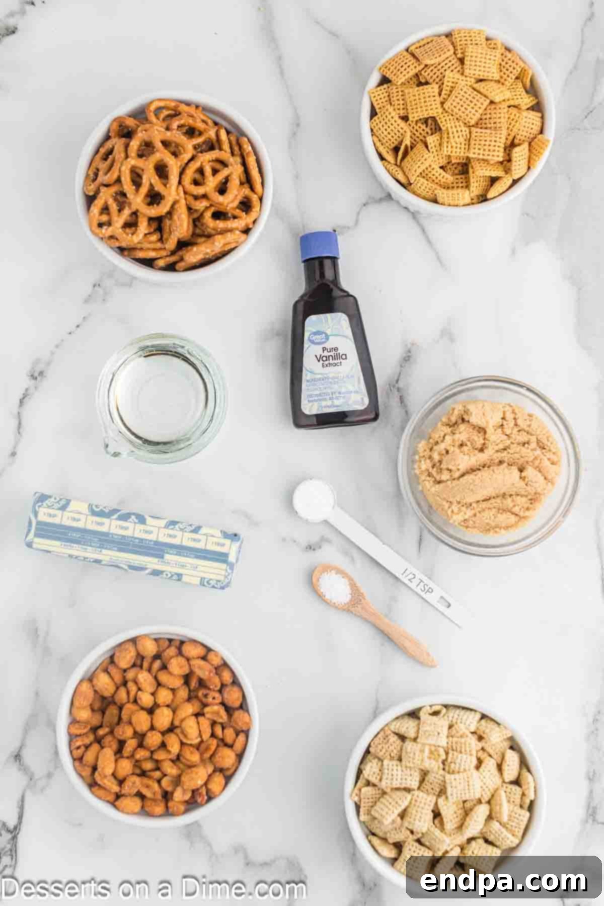 Ingredients needed for Sweet Chex Mix - corn chex, rice chex, honey roasted peanuts, tiny pretzel twists, unsalted butter, brown sugar, light corn syrup, baking soda, vanilla extract, and a pinch of salt.