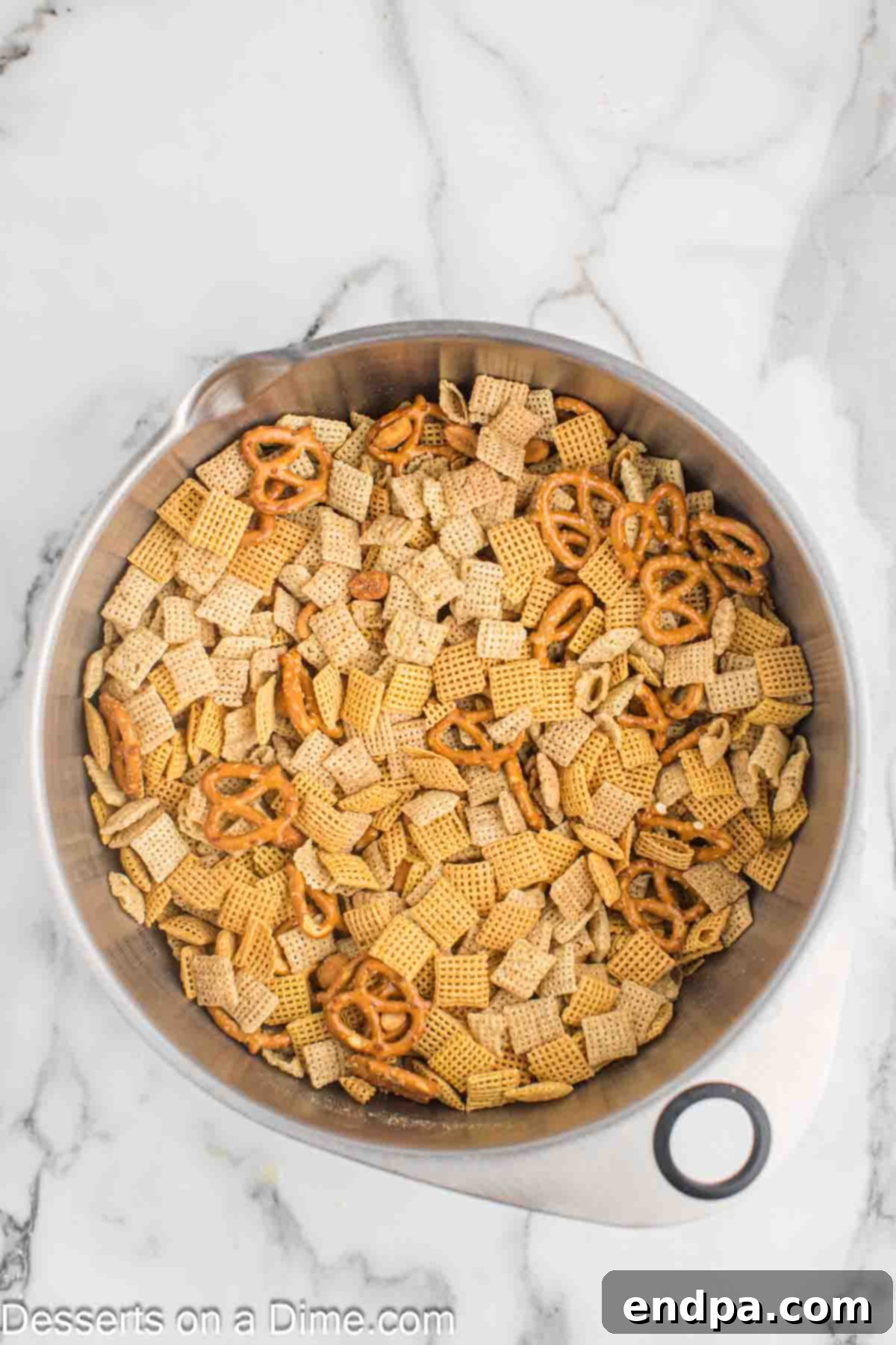 Bowl with chex mix.