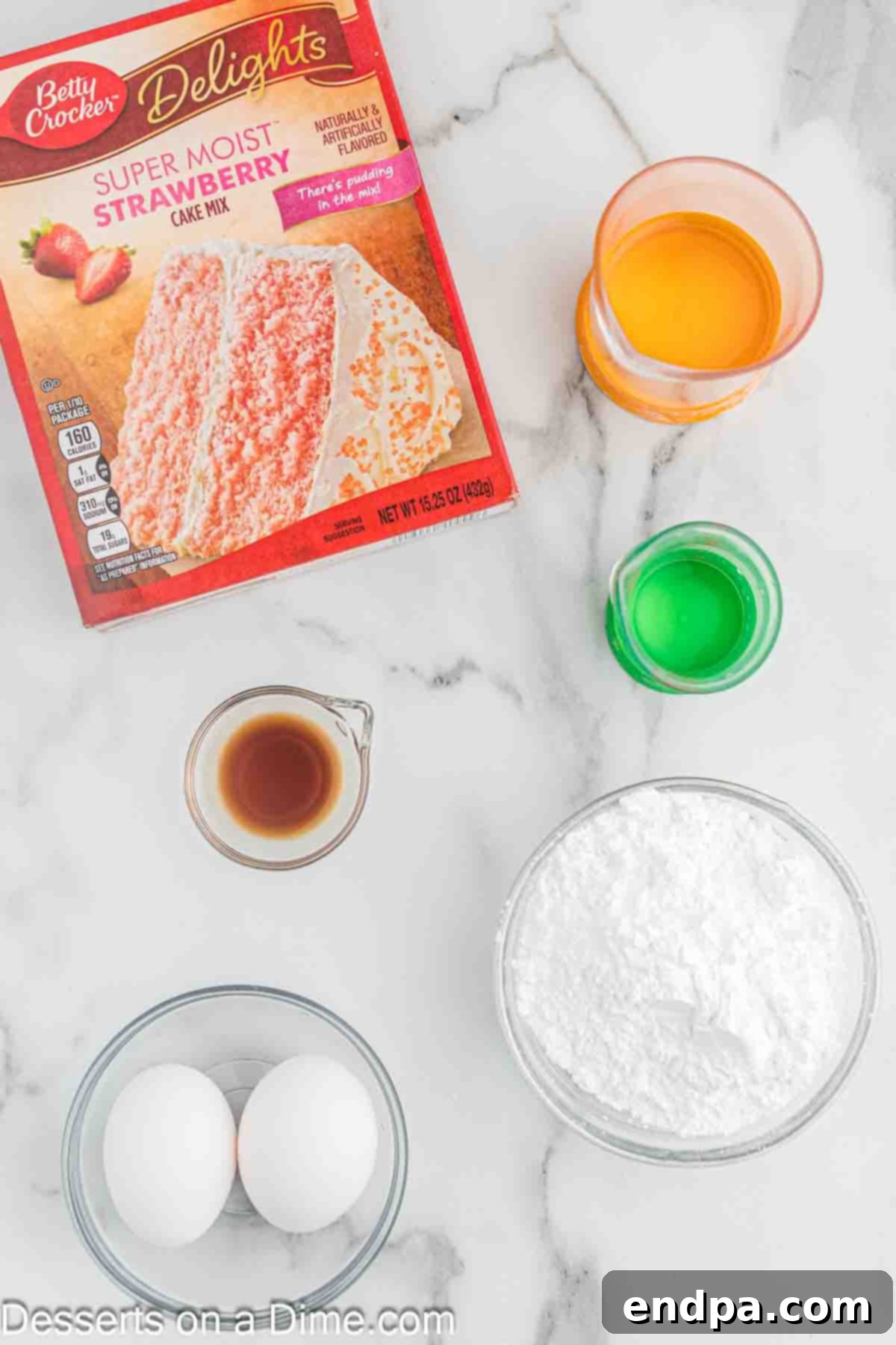 Key ingredients for strawberry brownies: a box of strawberry cake mix, fresh eggs, vegetable oil, powdered sugar, and vanilla extract.