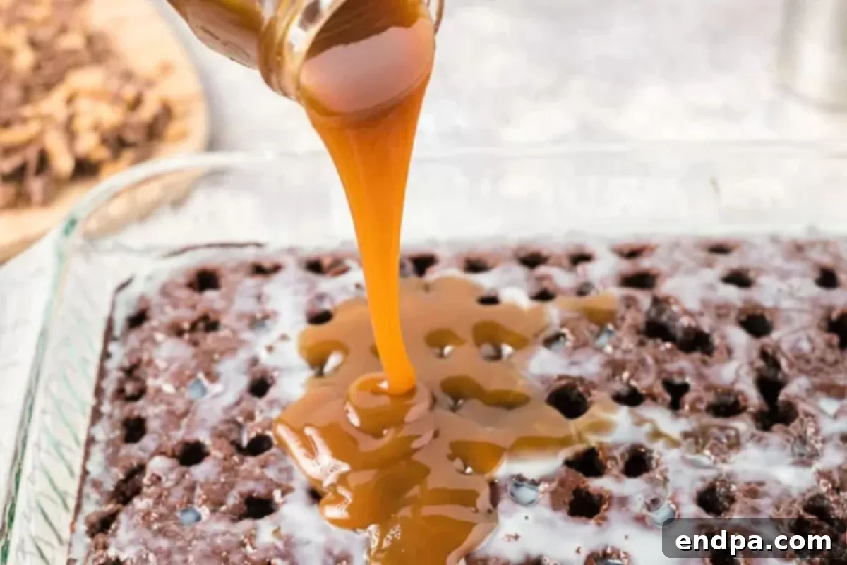 Heavenly Decadence Cake 3 Caramel Sauce poured over cake.