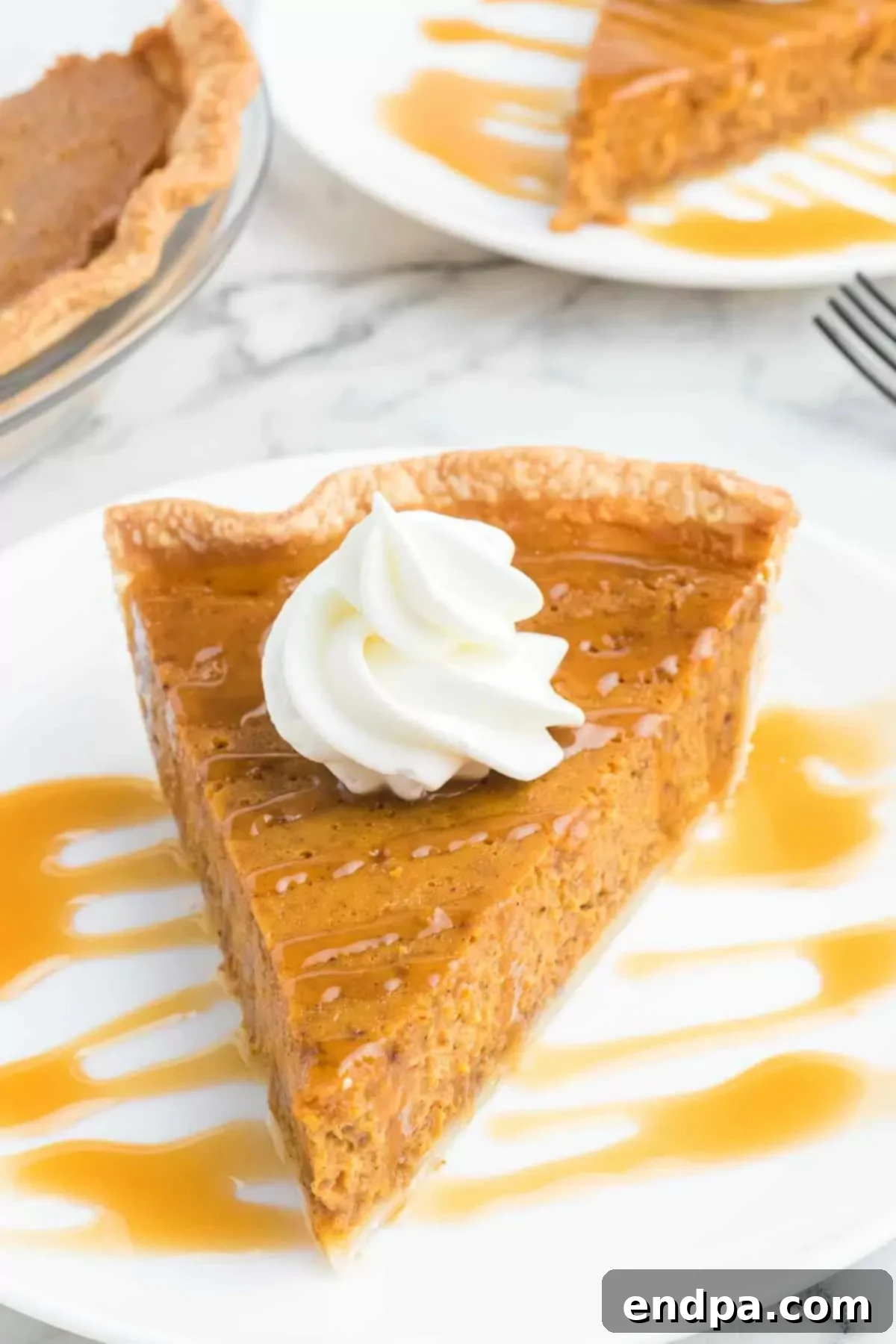 Slice of pumpkin pie with whipped cream.