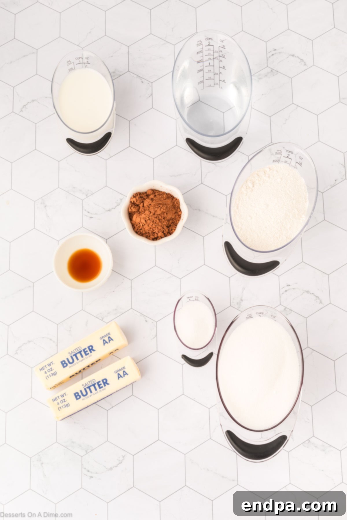 Ingredients for recipe - Butter, sugar, flour, vanilla, milk, cocoa powder, water